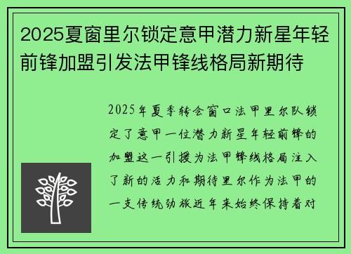 2025夏窗里尔锁定意甲潜力新星年轻前锋加盟引发法甲锋线格局新期待