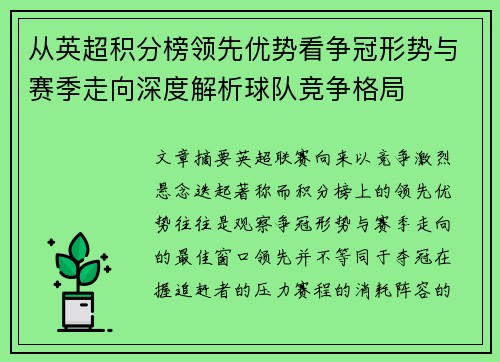 从英超积分榜领先优势看争冠形势与赛季走向深度解析球队竞争格局